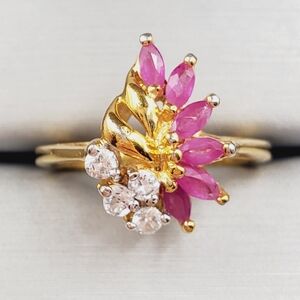 Genuine Marquise Pink Ruby - Simulated Diamonds - 18k Yellow Gold Plated Ring